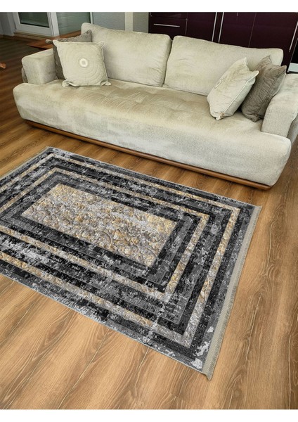 Mars 2078 Gri ve Kahve Tonlarında Çizgili Etnik Desen Kaymaz Dekoratif Halı indirimleri