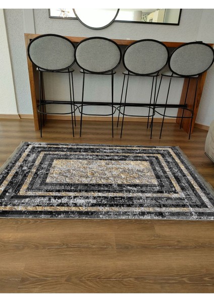 Mars 2078 Gri ve Kahve Tonlarında Çizgili Etnik Desen Kaymaz Dekoratif Halı