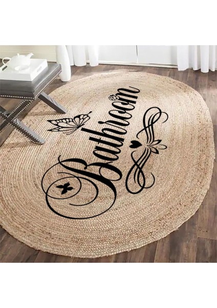 Boho 955 Oval Bathroom Yazılı Desenli Yuvarlak Jüt Örme Doğal Hasır Kilim Daire Halı