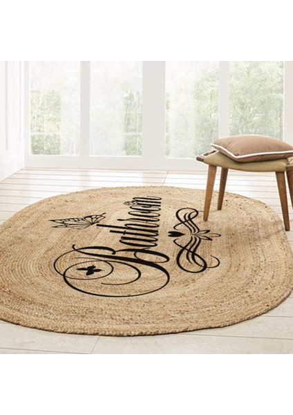 Boho 955 Oval Bathroom Yazılı Desenli Yuvarlak Jüt Örme Doğal Hasır Kilim Daire Halı fiyatları