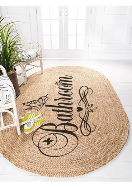 Boho 955 Oval Bathroom Yazılı Desenli Yuvarlak Jüt Örme Doğal Hasır Kilim Daire Halı fırsatları