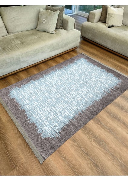 Mars Serisi Mavi Tonlarında Çerçeveli Etnik Desen Kaymaz Taban Şönil Halı fiyatları