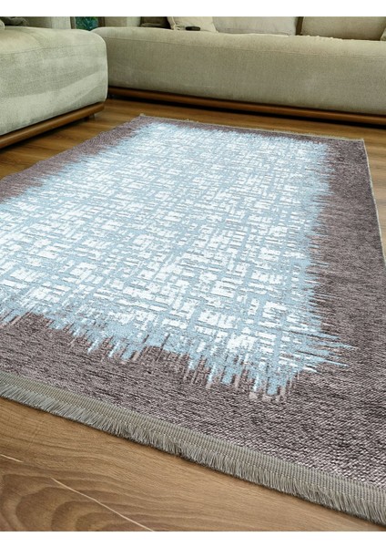 Mars Serisi Mavi Tonlarında Çerçeveli Etnik Desen Kaymaz Taban Şönil Halı