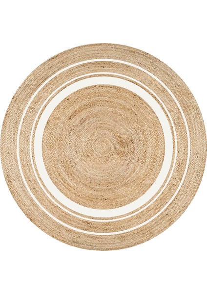 Boho 991 Natural Jüt Görünümlü Desen Üzerine Beyaz Halkalar Yuvarlak Natural Çift Taraflı Halı fırsatları