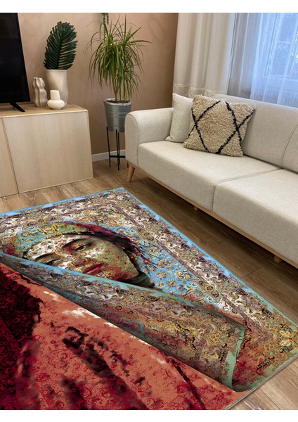 Mavi ve Bordo Tonlarda Kadın Silüeti Etnik Desenli Vintage Dokuma Taban Salon Halı Mars 150 indirimleri
