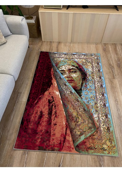Mavi ve Bordo Tonlarda Kadın Silüeti Etnik Desenli Vintage Dokuma Taban Salon Halı Mars 150