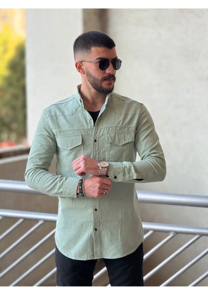 Slimfit Kesim Erkek Levi Model Cotton Cift Cepli Gömlek-Su Yesili