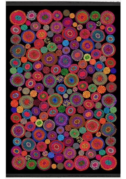 Mars Serisi Siyah Rengin Üzerinde Multy Tonlarında Çiçekli Desen Kaymaz Taban Şönil Halı