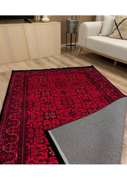 Mars 2008 Kırmızı Tonda Bordürlü Geometrik Afgan Desen Kaymaz Taban Dekoratif Halı fırsatları