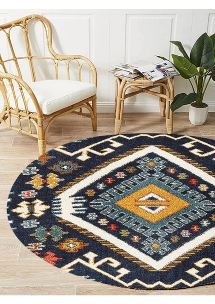Boho 952 Lacivert Etnik ve Geometrik Jüt Rengi Örgü Yuvarlak Natural Çift Taraflı Halı modelleri