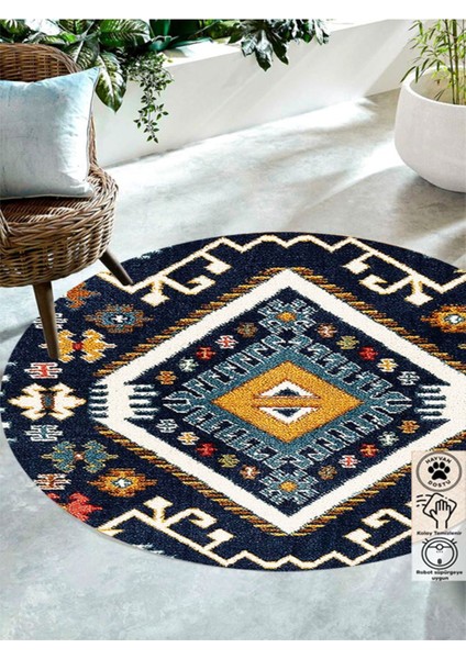 Boho 952 Lacivert Etnik ve Geometrik Jüt Rengi Örgü Yuvarlak Natural Çift Taraflı Halı