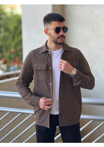 Slimfit Kesim Erkek Ince Çizgi Desen Çift Cepli Gömlek-Kahve
