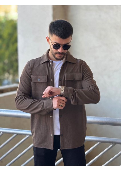 Slimfit Kesim Erkek Ince Çizgi Desen Çift Cepli Gömlek-Kahve fiyatları