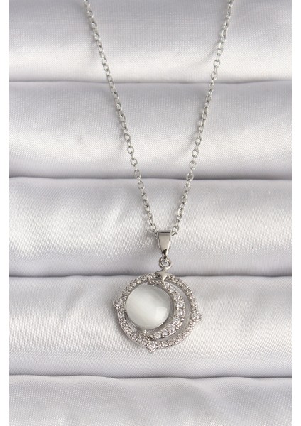 316L Çelik Gümüş Renk Zirkon Taşlı Beyaz Sedefli Hilal Model Kadın Kolye