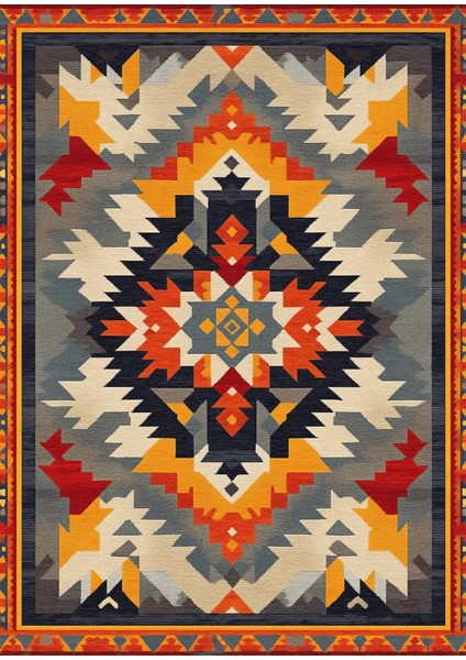 Mars 204 Çok Renkli Gri Otantik Etnik Desen Kaymaz ve Dokuma Taban Dekoratif Halı