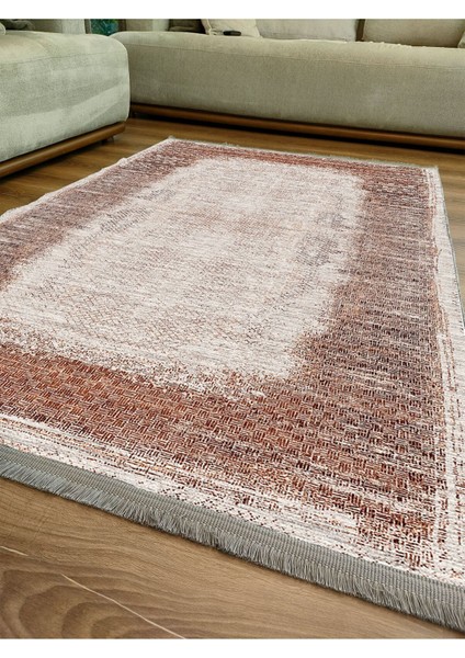 Mars Halı 2096 Kahve Tonunda Geometrik Kilim Salon Halısı Saçaklı Yıkanabilen Halı