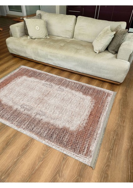 Mars Halı 2096 Kahve Tonunda Geometrik Kilim Salon Halısı Saçaklı Yıkanabilen Halı