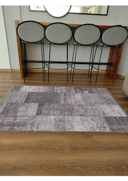 Mars Serisi Gri Tonlarında Patchwork Desen Kaymaz Taban Şönil Halı