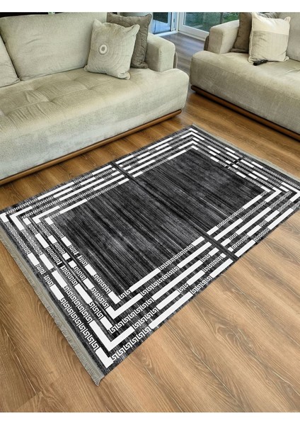 Mars Serisi Koyu Gri ve Krem Tonlarında Çizgili Etnik Desen Kaymaz Taban Şönil Halı fiyatları