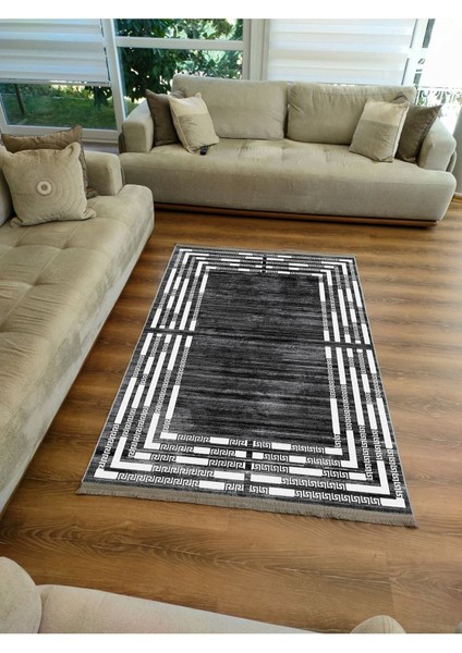 Mars Serisi Koyu Gri ve Krem Tonlarında Çizgili Etnik Desen Kaymaz Taban Şönil Halı fırsatları