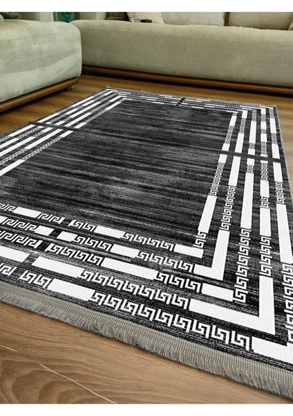 Mars Serisi Koyu Gri ve Krem Tonlarında Çizgili Etnik Desen Kaymaz Taban Şönil Halı
