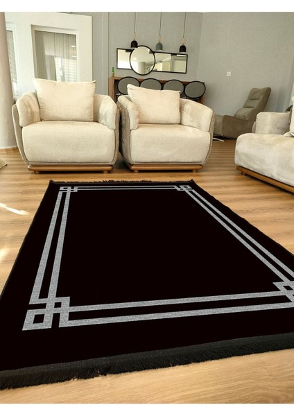 Mars Serisi Siyah Beyaz Çerçeveli Etnik ve Geometrik Desen Kaymaz Taban Şönil Halı fiyatları