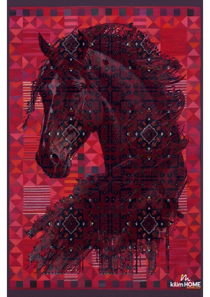 MARS124 Etnik Anadolu Halı Üzerine Desenlı At Dekoratif Salon Halısı Saçaklı Yıkanabilen Halı