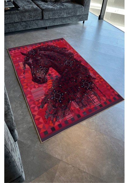 MARS124 Etnik Anadolu Halı Üzerine Desenlı At Dekoratif Salon Halısı Saçaklı Yıkanabilen Halı fiyatları