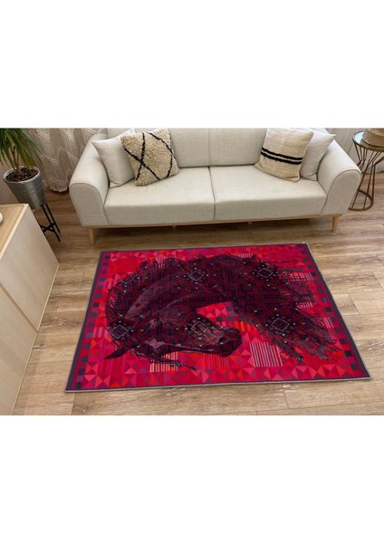 MARS124 Etnik Anadolu Halı Üzerine Desenlı At Dekoratif Salon Halısı Saçaklı Yıkanabilen Halı modelleri