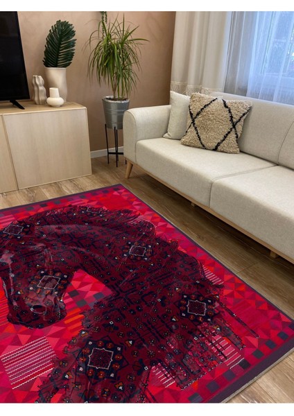 MARS124 Etnik Anadolu Halı Üzerine Desenlı At Dekoratif Salon Halısı Saçaklı Yıkanabilen Halı fırsatları
