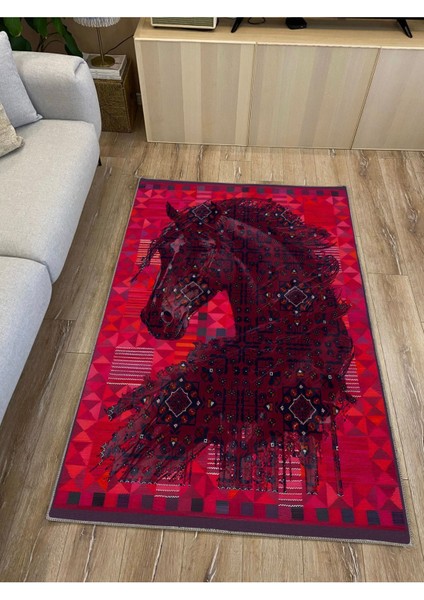 MARS124 Etnik Anadolu Halı Üzerine Desenlı At Dekoratif Salon Halısı Saçaklı Yıkanabilen Halı indirimleri