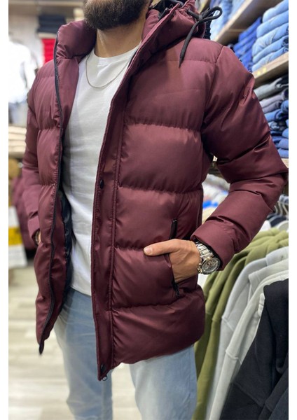 Slimfit Kesim Erkek Sisme Kapuşonlu Mont-Bordo