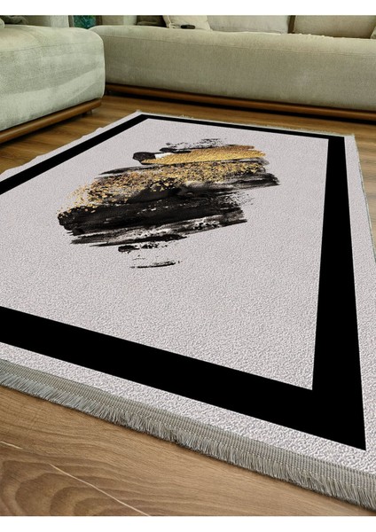 Mars 2076 Gri ve Siyah Tonlarında Fırça Darbeleri Desen Kaymaz Taban Dekoratif Halı