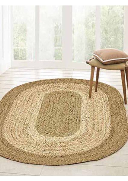 Boho 977 Jüt Hasır Etnik Desenli Oval Jüt Örme Doğal Hasır Natural Oval Halı