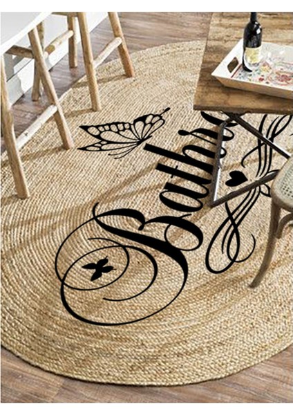 Boho 955 Oval Bathroom Yazılı Desenli Yuvarlak Jüt Örme Doğal Hasır Kilim Daire Halı modelleri