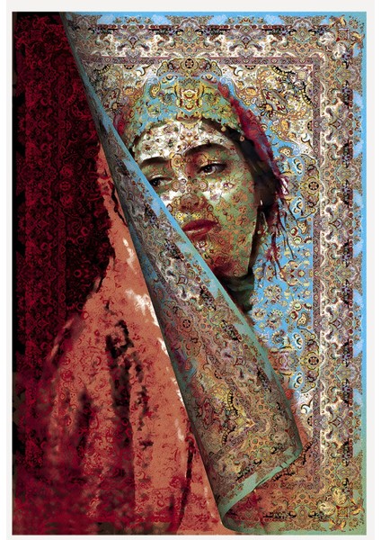 Mavi ve Bordo Tonlarda Kadın Silüeti Etnik Desenli Vintage Dokuma Taban Salon Halı Mars 150