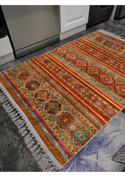 Mars 2034 Klasik Eskitme Görünümlü Çizgili Desen Kaymaz Taban Dekoratif Halı modelleri