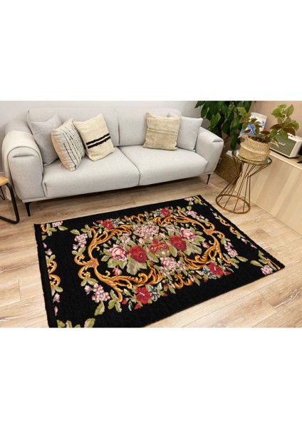 Mars 2005 Siyah Tonunda Çiçekli Desen Kaymaz Taban Dekoratif Halı modelleri