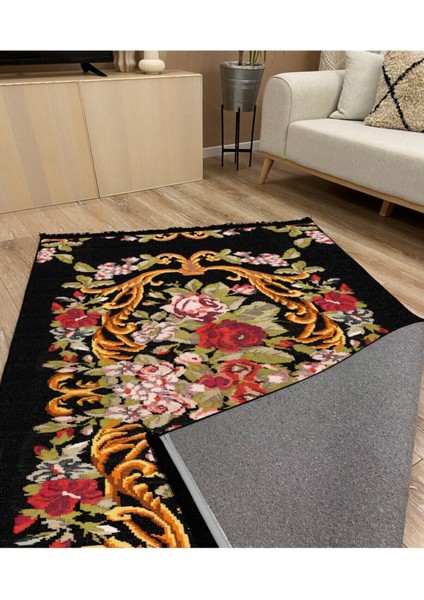Mars 2005 Siyah Tonunda Çiçekli Desen Kaymaz Taban Dekoratif Halı fırsatları