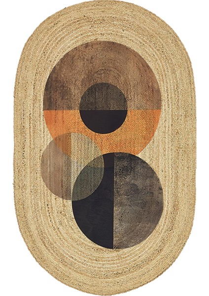 Boho 986 Oval Siyah Etnik Desenli Jüt Rengi Örgü Yuvarlak Natural Çift Taraflı Halı