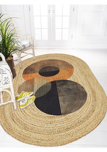Boho 986 Oval Siyah Etnik Desenli Jüt Rengi Örgü Yuvarlak Natural Çift Taraflı Halı fiyatları