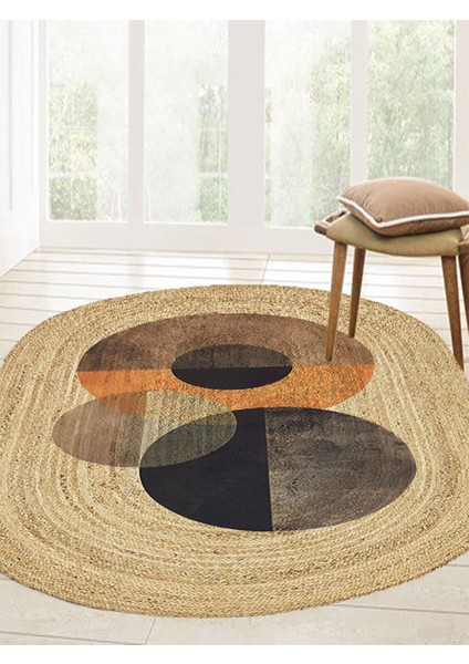 Boho 986 Oval Siyah Etnik Desenli Jüt Rengi Örgü Yuvarlak Natural Çift Taraflı Halı fırsatları