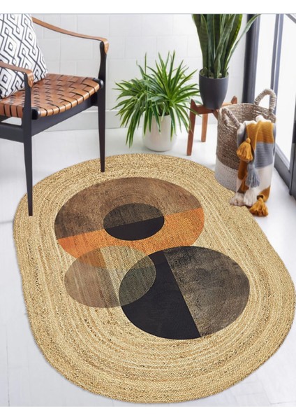 Boho 986 Oval Siyah Etnik Desenli Jüt Rengi Örgü Yuvarlak Natural Çift Taraflı Halı