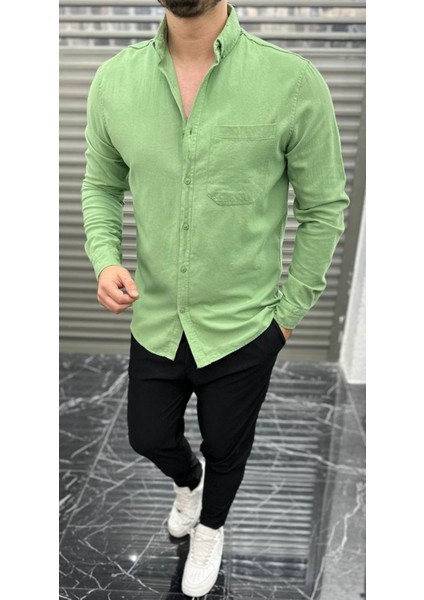 Slimfit Kesim Erkek Tek Cepli Gabardin Gomlek-Yeşil