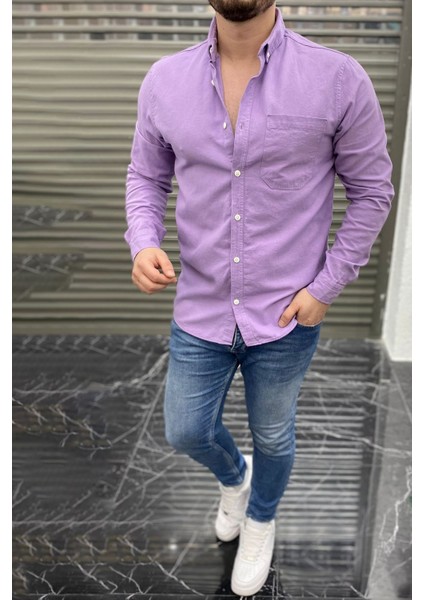 Slimfit Kesim Erkek Tek Cepli Gabardin Gomlek-Mor