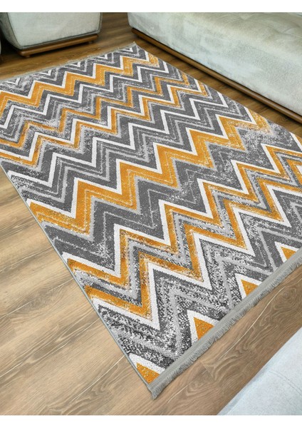 Mars Serisi Hardal ve Gri Tonlarında Zikzak Geometrik Desen Kaymaz Taban Şönil Halı