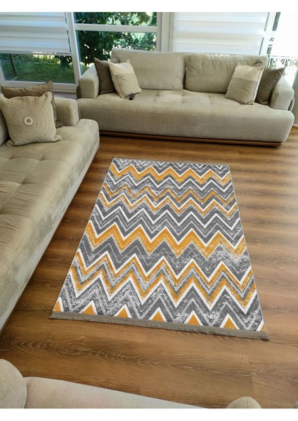 Mars Serisi Hardal ve Gri Tonlarında Zikzak Geometrik Desen Kaymaz Taban Şönil Halı fiyatları