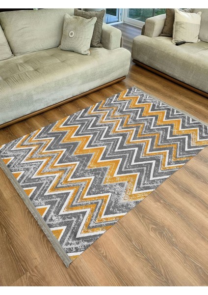 Mars Serisi Hardal ve Gri Tonlarında Zikzak Geometrik Desen Kaymaz Taban Şönil Halı modelleri