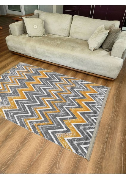 Mars Serisi Hardal ve Gri Tonlarında Zikzak Geometrik Desen Kaymaz Taban Şönil Halı fırsatları