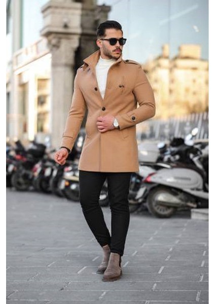 580-SLIMFIT Kesim Erkek Ezel Yaka Diz Üstü Kaşe Kaban-Vizon